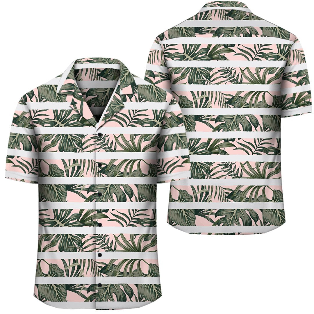Hawaii Tropical Dark Green Leaves Seamless Pattern White Stripes Pink Background Hawaiian Shirt Unisex Black - Polynesian Pride