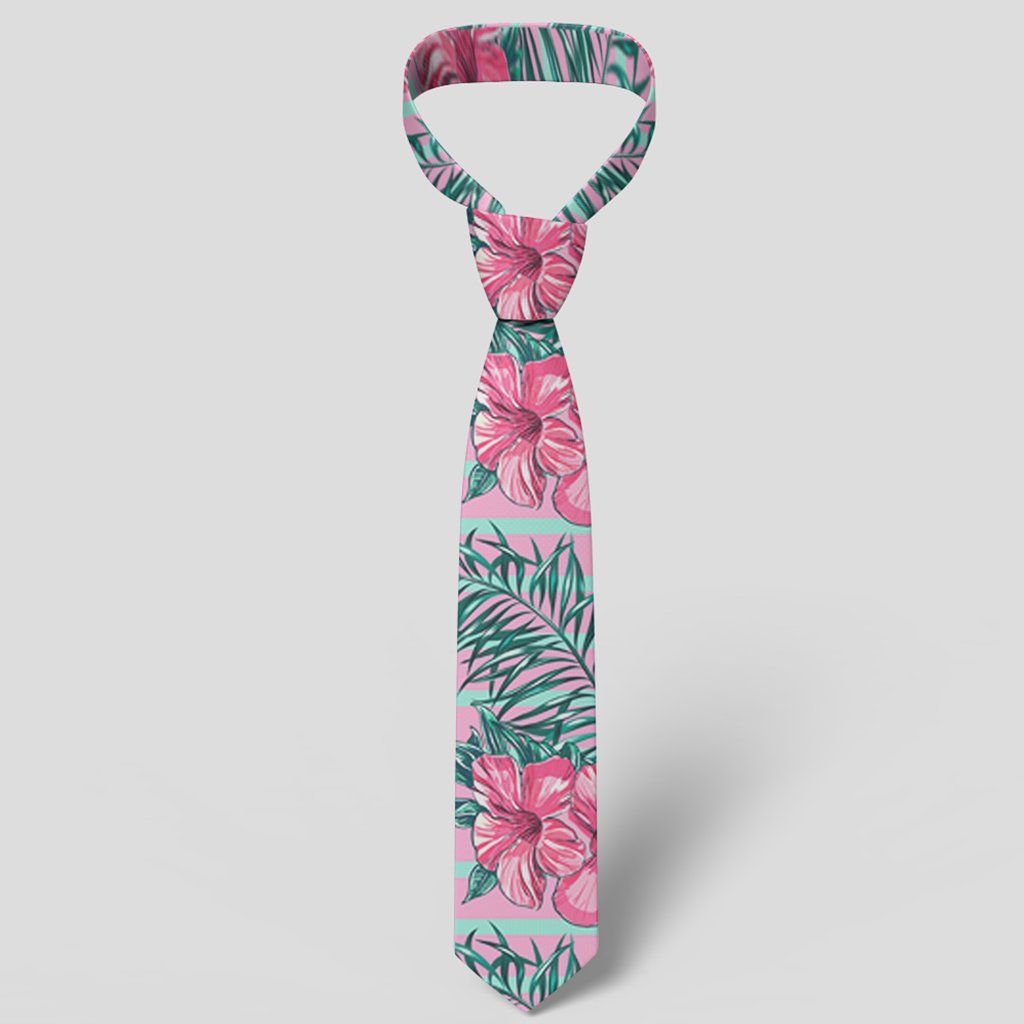 Hawaii Tropical Flowers Palm Leaves Hibiscus Strips Necktie - Polynesian Pride