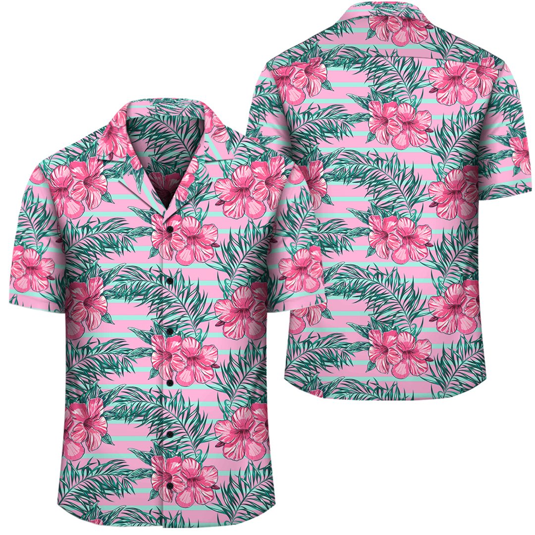 Hawaii Tropical Flowers Palm Leaves Hibiscus Strips Hawaiian Shirt Unisex Black - Polynesian Pride