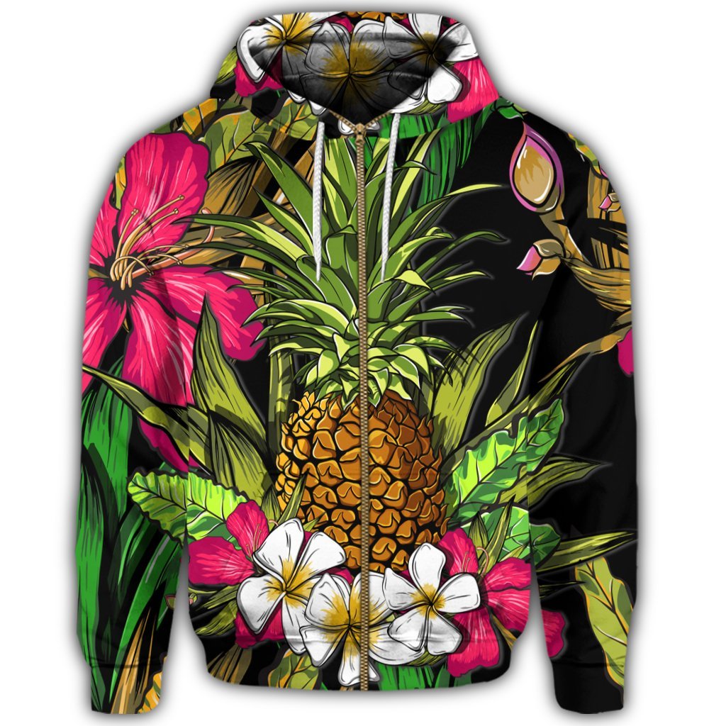 Hawaii Tropical Flowers Pineapple Zip Hoodie - Polynesian Pride