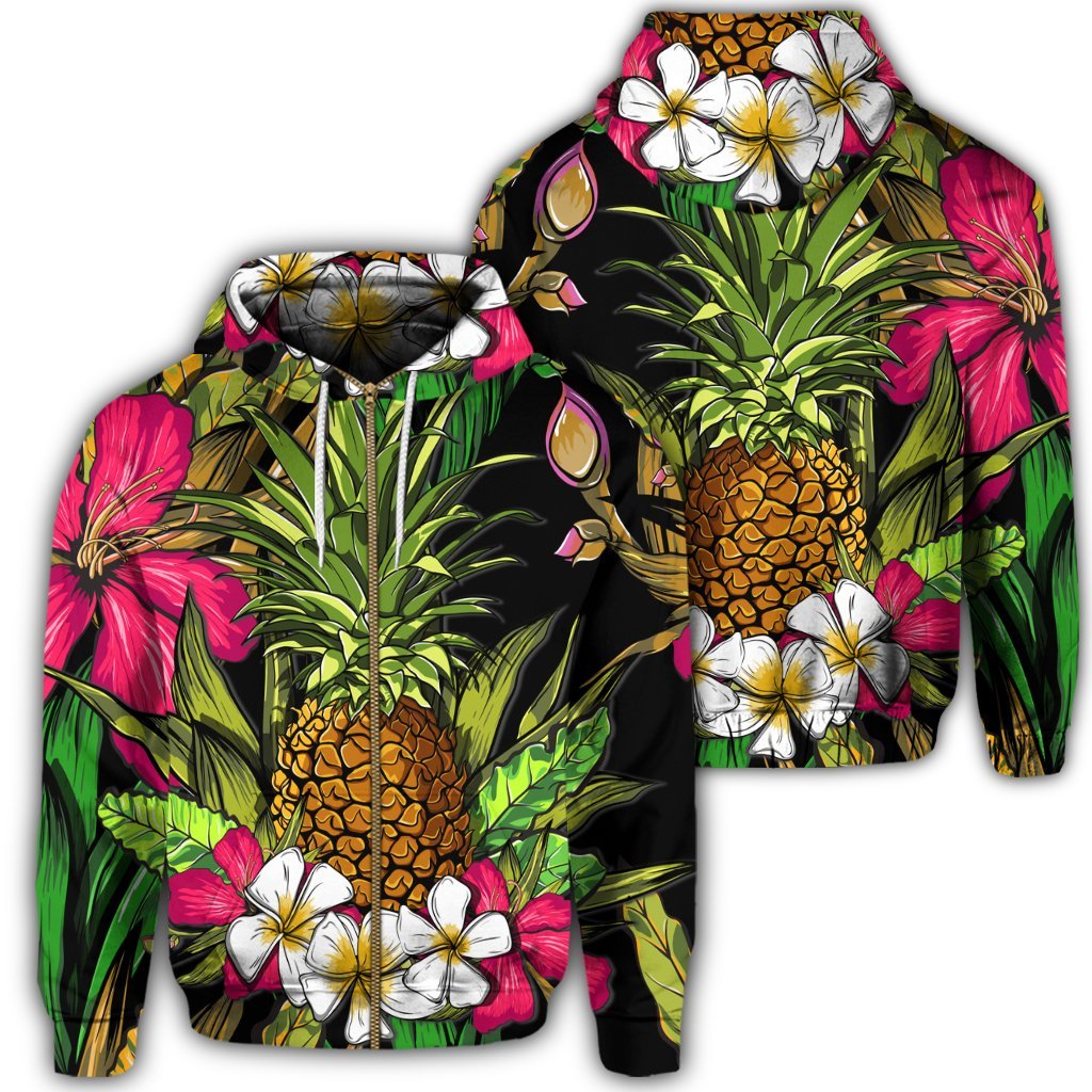 Hawaii Tropical Flowers Pineapple Zip Hoodie Unisex Art - Polynesian Pride