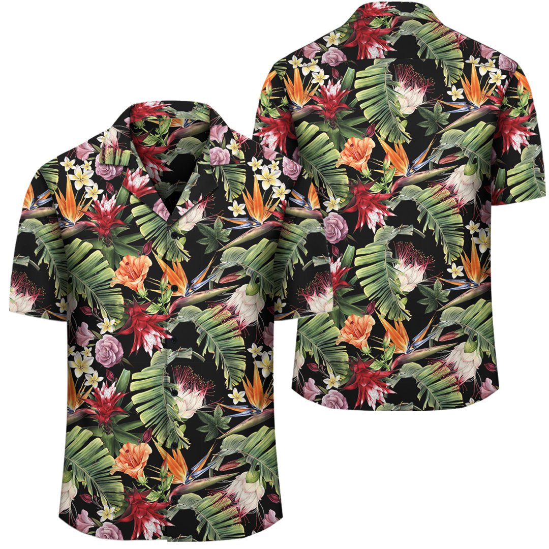 Hawaii Tropical Flowers Watercolor Hawaiian Shirt Unisex Black - Polynesian Pride
