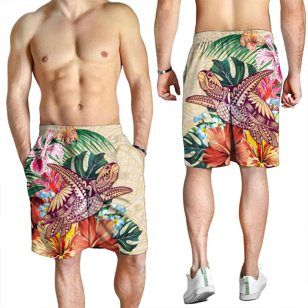 Hawaii Tropical Hibiscus Turtle Beige Men's Shorts - AH - Polynesian Pride