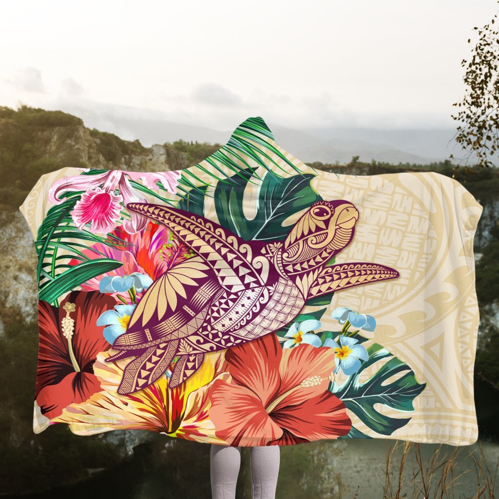 Hawaii Tropical Hibiscus Turtle Beige Hooded Blanket - AH - Polynesian Pride