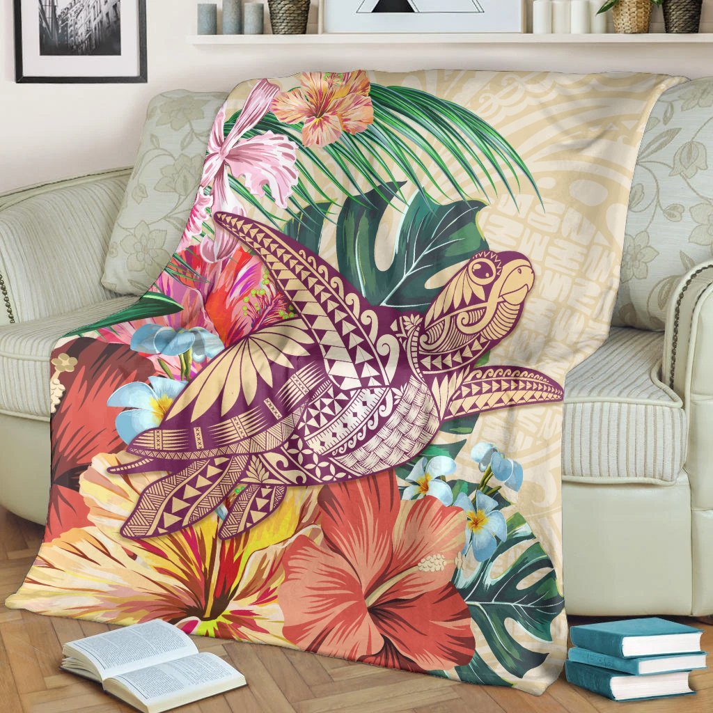 Hawaii Tropical Hibiscus Turtle Beige Premium Blankets - AH - Polynesian Pride