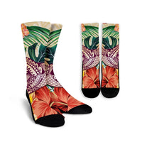 Hawaii Tropical Hibiscus Turtle Beige Crew Socks - AH Crew Socks White - Polynesian Pride