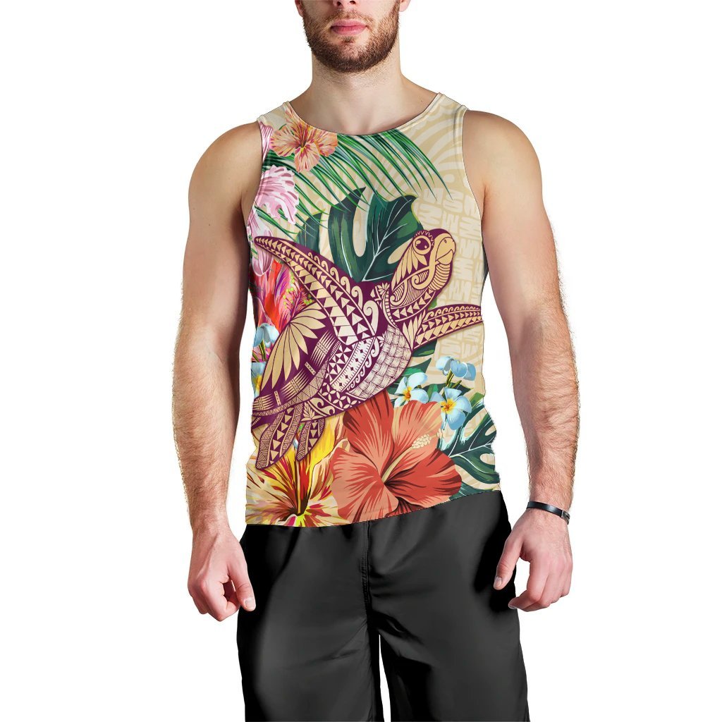 Hawaii Tropical Hibiscus Turtle Beige Tank Top - AH Black - Polynesian Pride