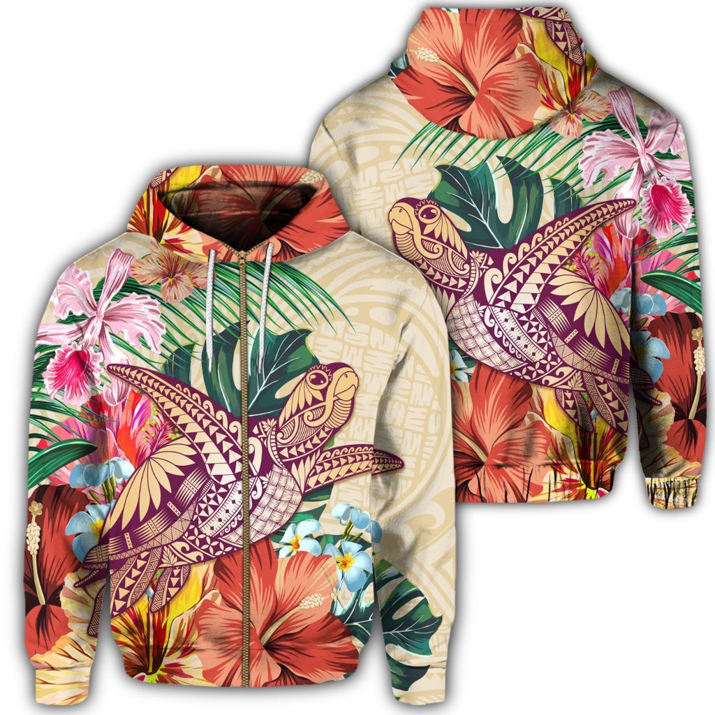 Hawaii Tropical Hibiscus Turtle Beige Zip Hoodie Unisex Art - Polynesian Pride