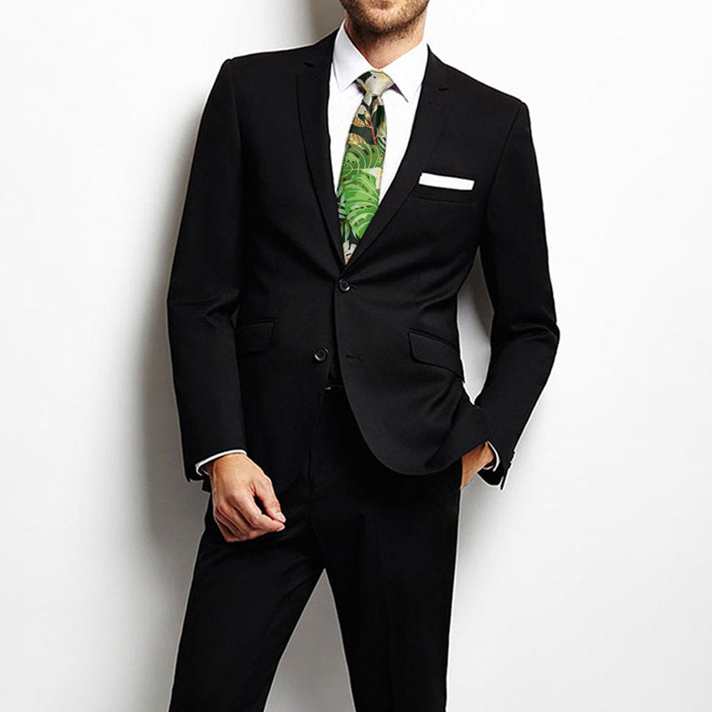 Hawaii Tropical Leaves And Plumeria Necktie One Size Black Necktie - Polynesian Pride