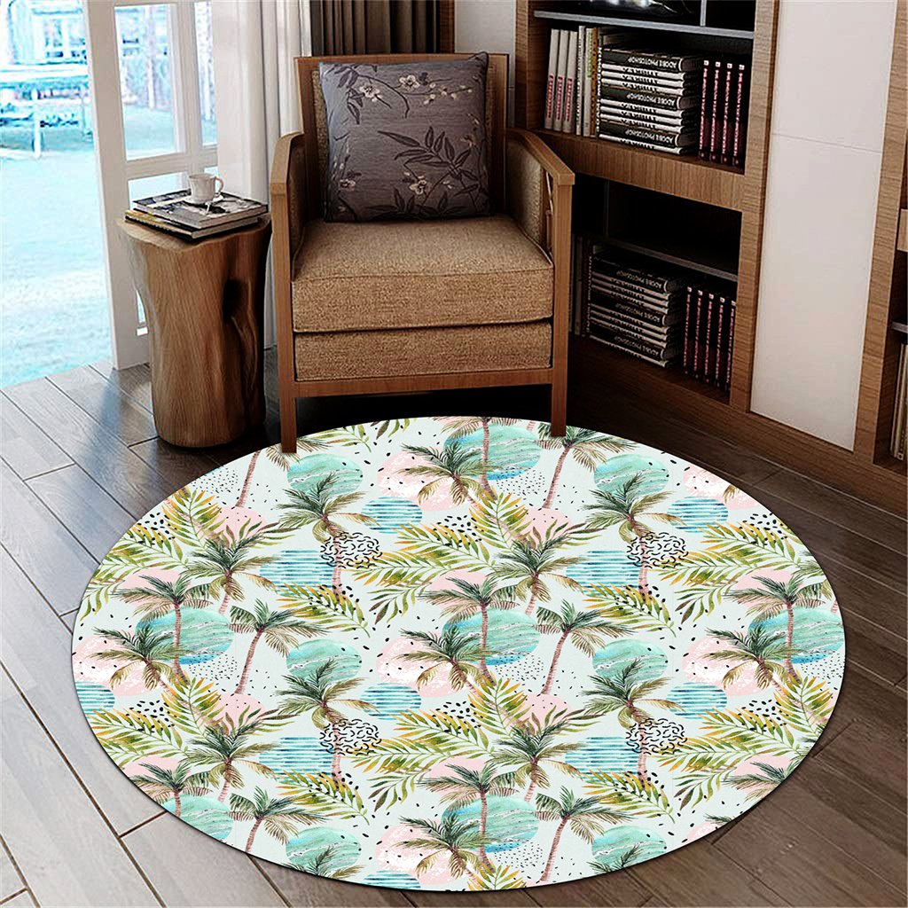 Hawaii Tropical Watercolor Palm Tree Leaf Round Carpet - AH Round Carpet Luxurious Plush - Polynesian Pride