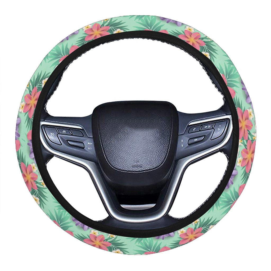 Hawaii Tropical Floral Vintage Strelitzia Flower Banana Leaves Hawaii Universal Steering Wheel Cover with Elastic Edge One Size Blue Steering Wheel Cover - Polynesian Pride