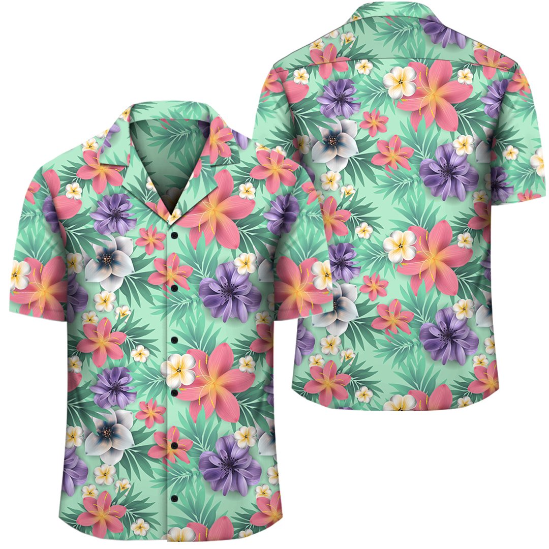 Hawaii Tropical flower, blossom cluster seamless pattern Tropical Flowers Palm Leaves Plant And Leaf Hawaiian Shirt Unisex Black - Polynesian Pride