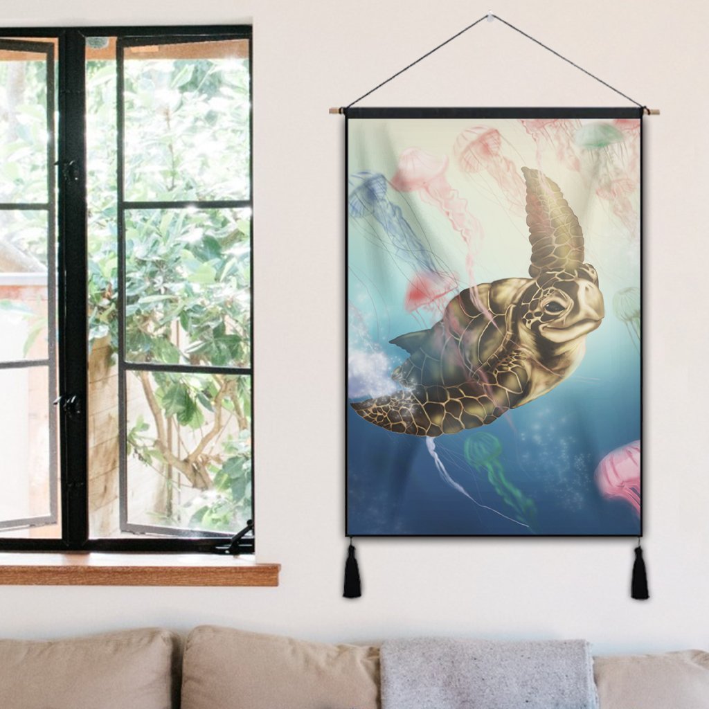 Hawaii Turtle And Jellyfish In Deep Sea Moana Hanging Poster - AH - Polynesian Pride