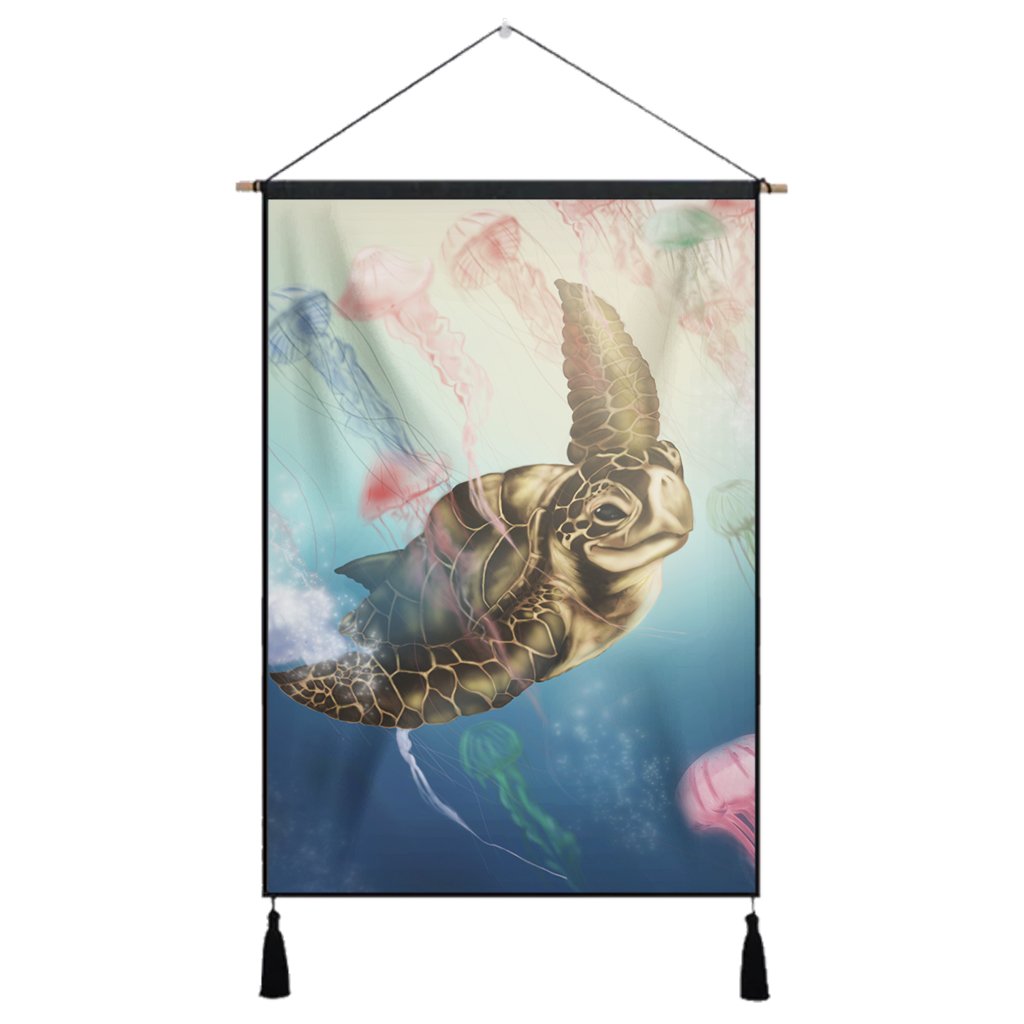 Hawaii Turtle And Jellyfish In Deep Sea Moana Hanging Poster - AH Hanging Poster Cotton And Linen - Polynesian Pride