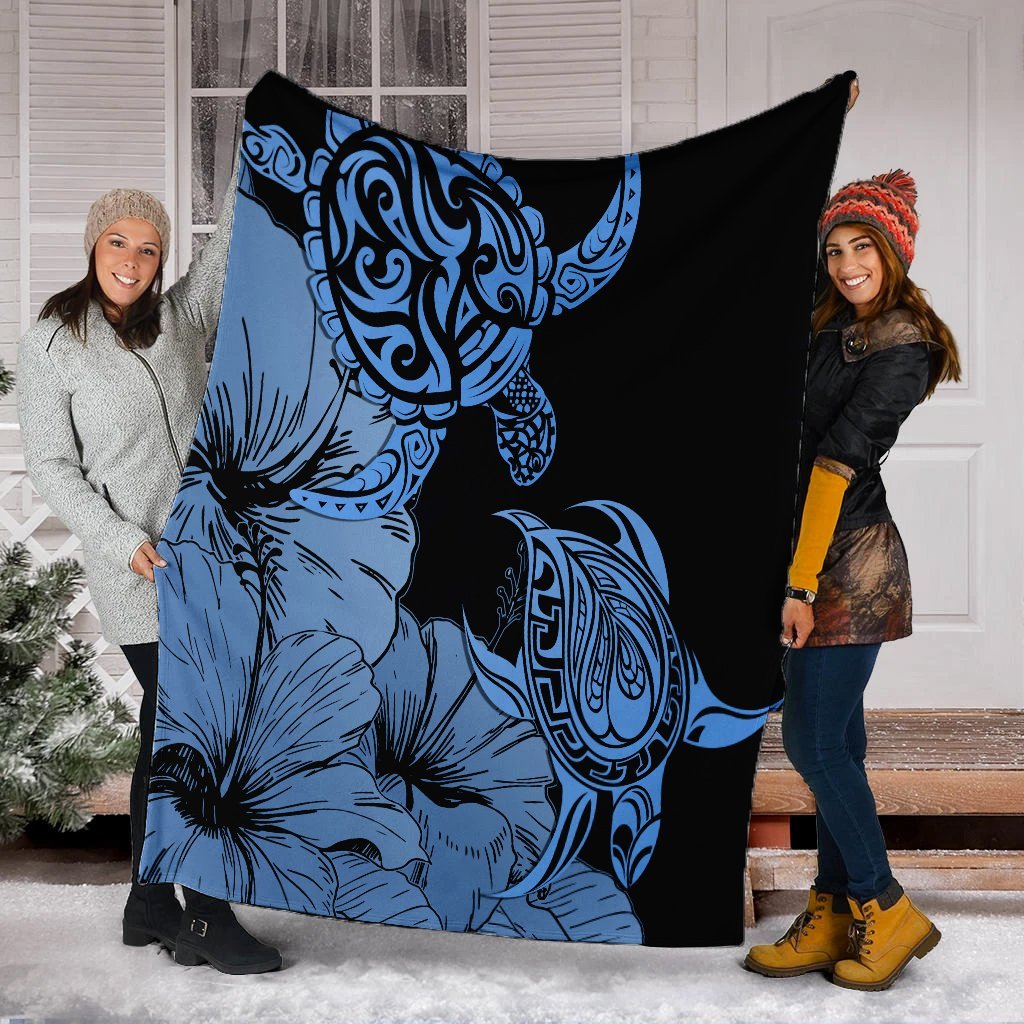 Hawaii Turtle Premium Blankets Polynesian Hibiscus Art Blue - AH - Polynesian Pride