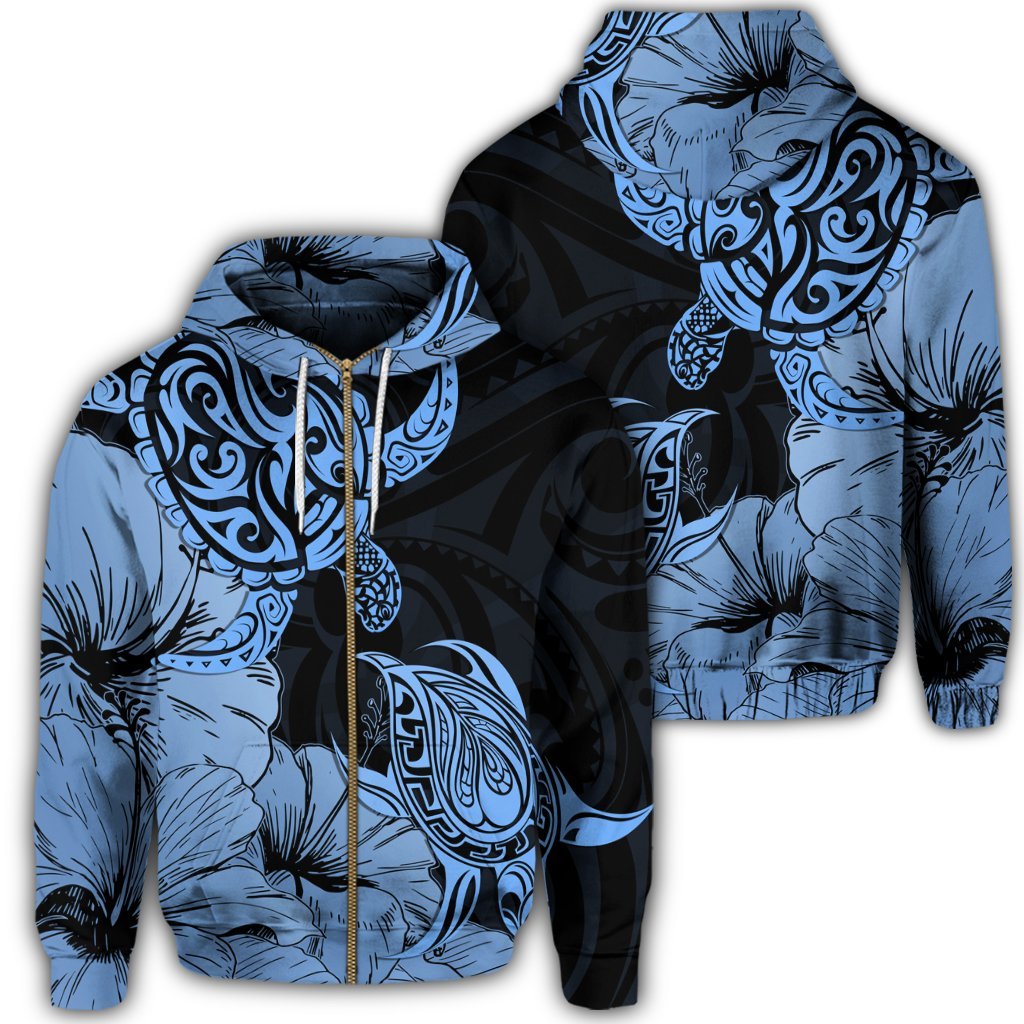 Hawaii Turtle Zip Hoodie Polynesian Hibiscus Art Blue Unisex Art - Polynesian Pride