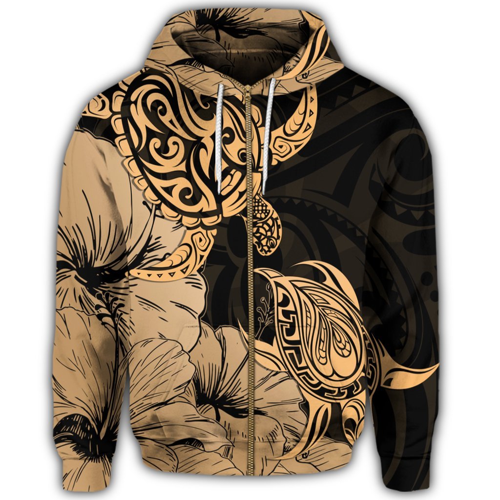 Hawaii Turtle Zip Hoodie Polynesian Hibiscus Art Gold - Polynesian Pride