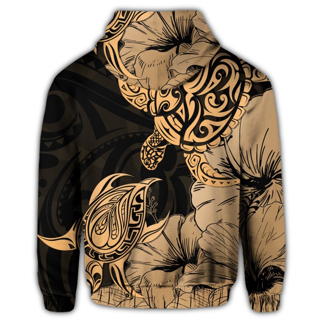 Hawaii Turtle Zip Hoodie Polynesian Hibiscus Art Gold - Polynesian Pride
