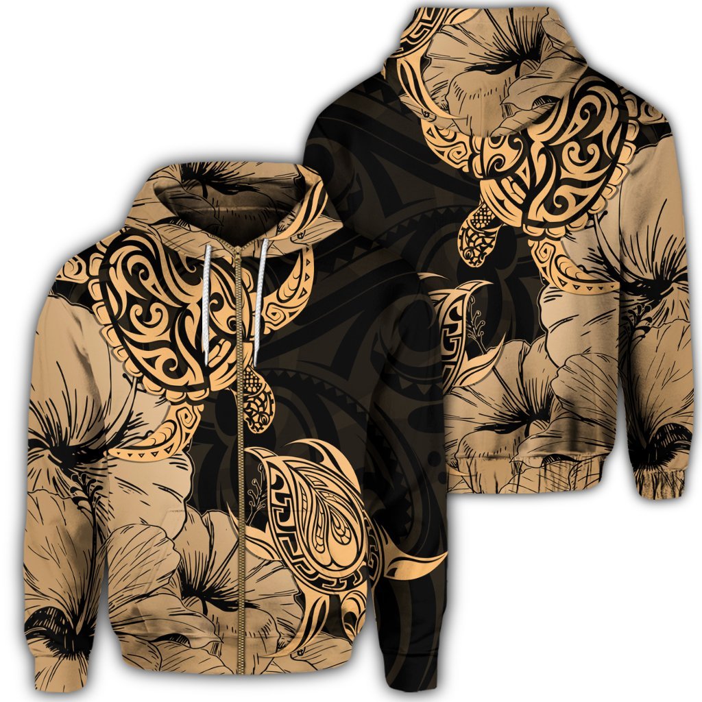 Hawaii Turtle Zip Hoodie Polynesian Hibiscus Art Gold Unisex Art - Polynesian Pride