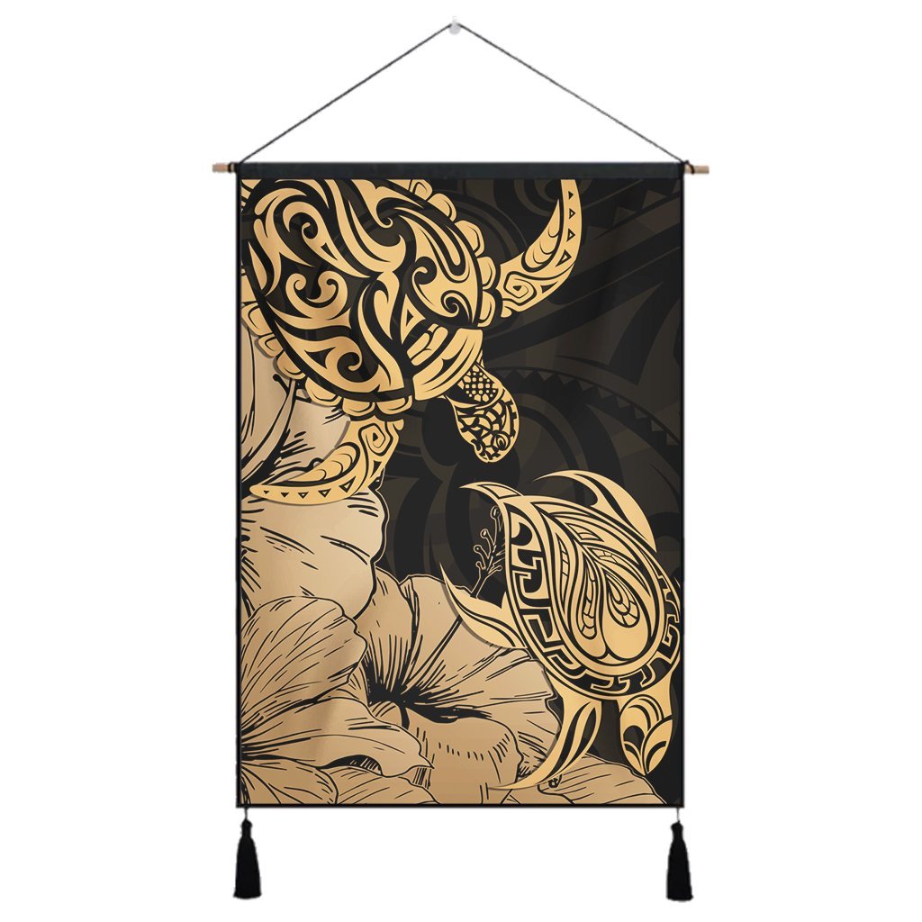 Hawaii Turtle Hanging Poster Polynesian Hibiscus Art Gold - AH Hanging Poster Cotton And Linen - Polynesian Pride