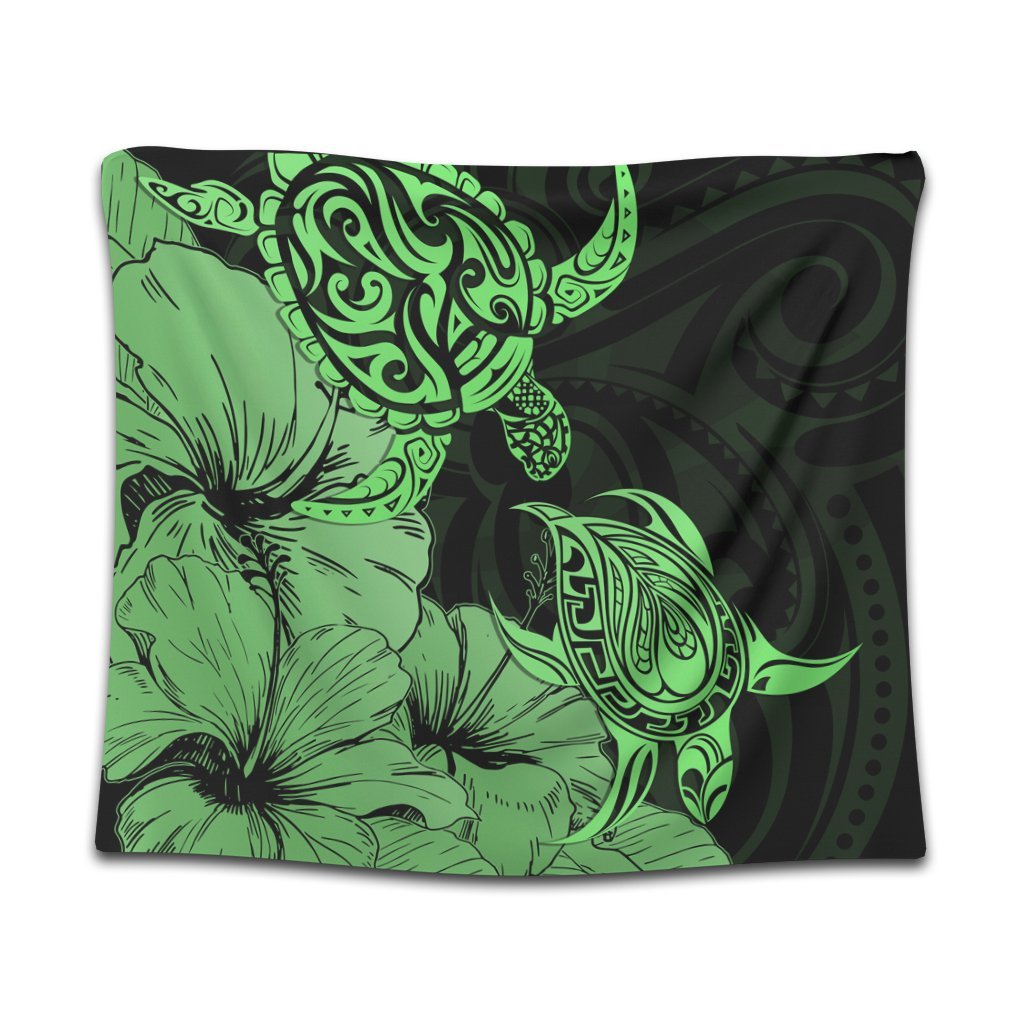 Hawaii Turtle Tapestry Polynesian Hibiscus Art Green - AH Wall Tapestry Black - Polynesian Pride