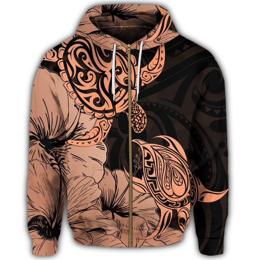 Hawaii Turtle Zip Hoodie Polynesian Hibiscus Art Organe - Polynesian Pride