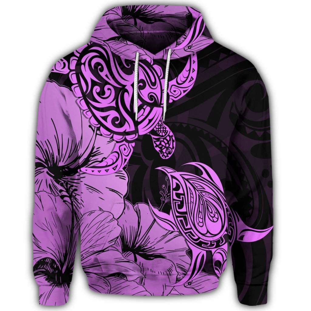 Hawaiian Turtle Hoodie Polynesian Hibiscus Art Pink - Polynesian Pride