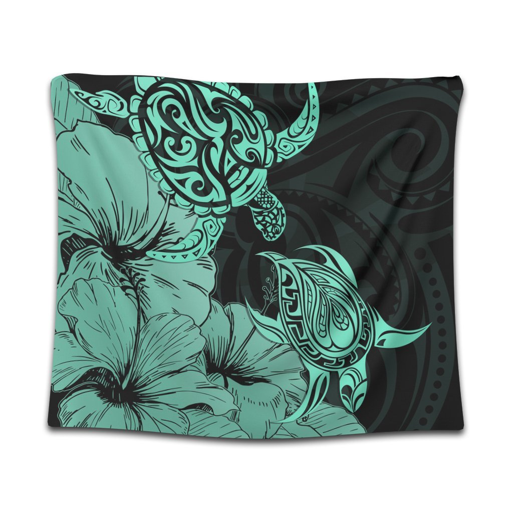 Hawaii Turtle Tapestry Polynesian Hibiscus Art Turquoise - AH Wall Tapestry Black - Polynesian Pride