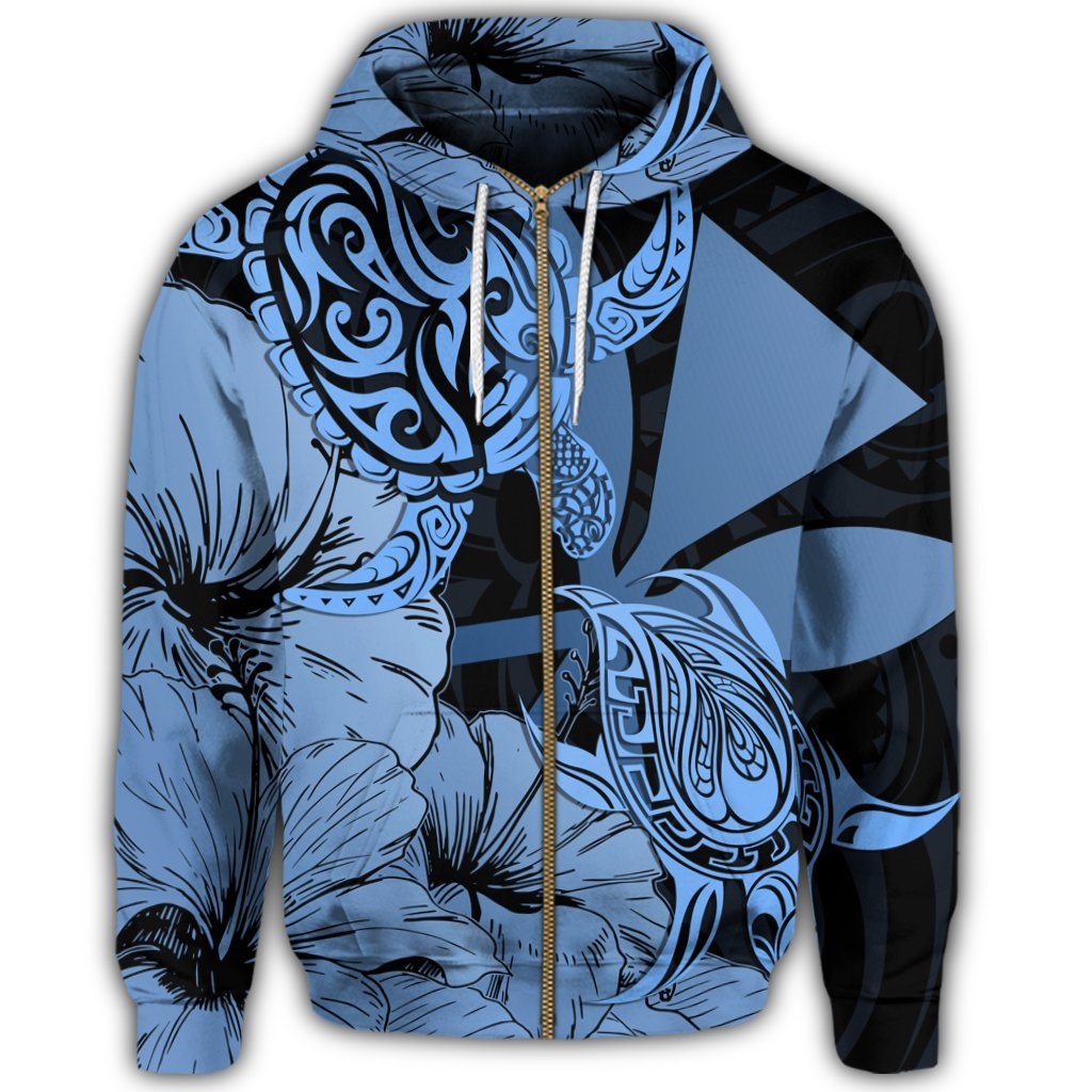Hawaii Turtle Zip Hoodie Polynesian Hibiscus Art Ver 2.0 Blue - Polynesian Pride