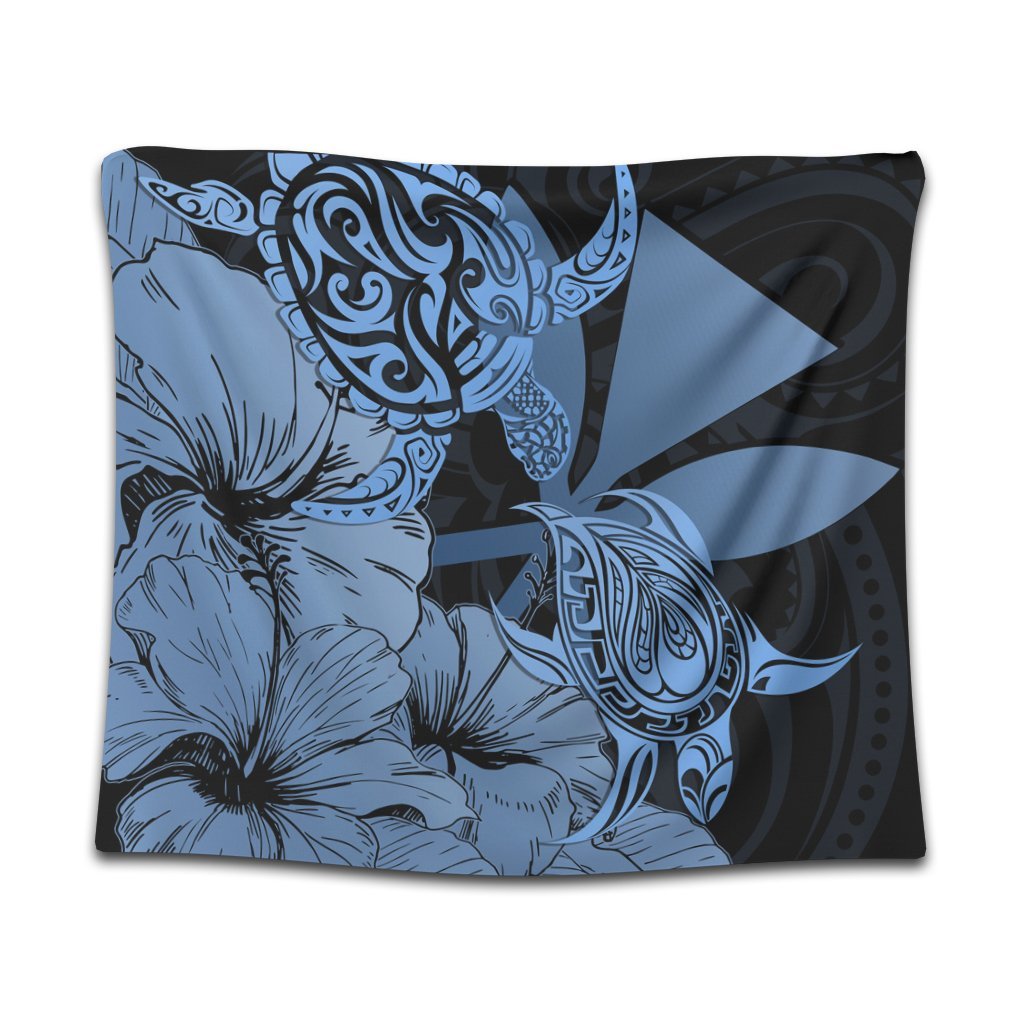 Hawaii Turtle Tapestry Polynesian Hibiscus Art Ver 2.0 Blue - AH Wall Tapestry Black - Polynesian Pride