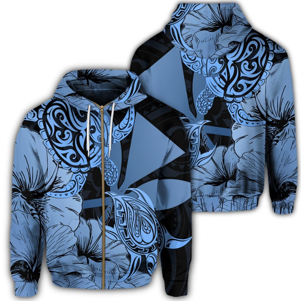 Hawaii Turtle Zip Hoodie Polynesian Hibiscus Art Ver 2.0 Blue Unisex Art - Polynesian Pride