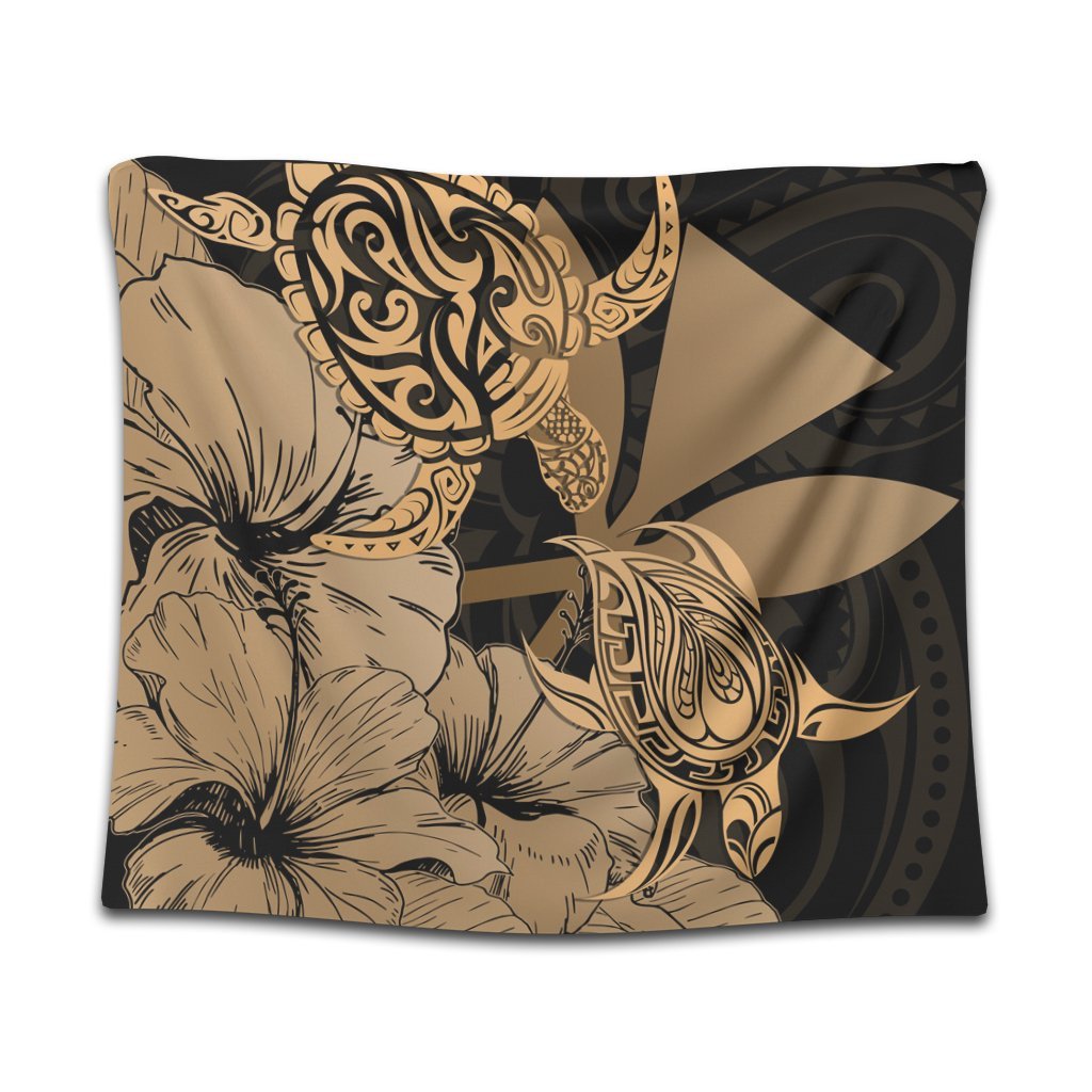 Hawaii Turtle Tapestry Polynesian Hibiscus Art Ver 2.0 Gold - AH Wall Tapestry Black - Polynesian Pride