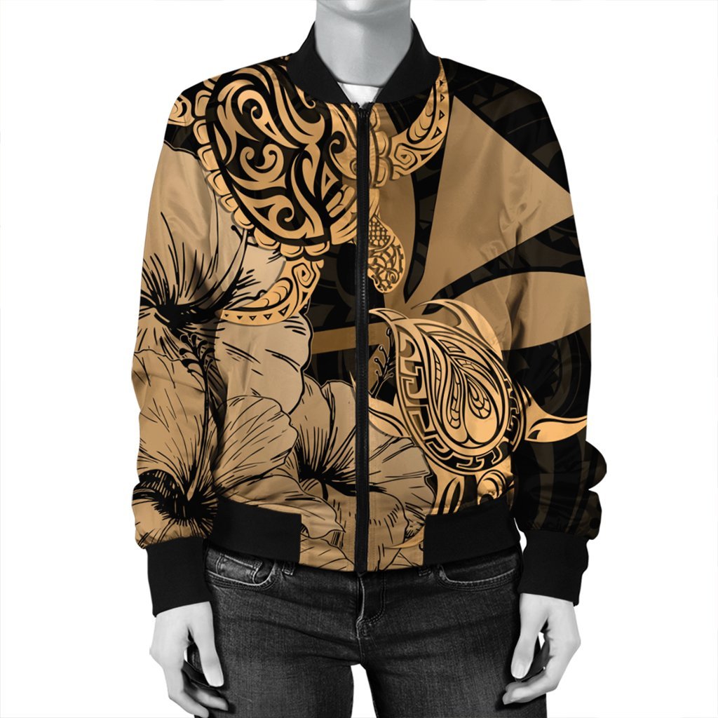 Hawaii Turtle Bomber Jacket Polynesian Hibiscus Art Ver 2.0 Gold - AH - Polynesian Pride