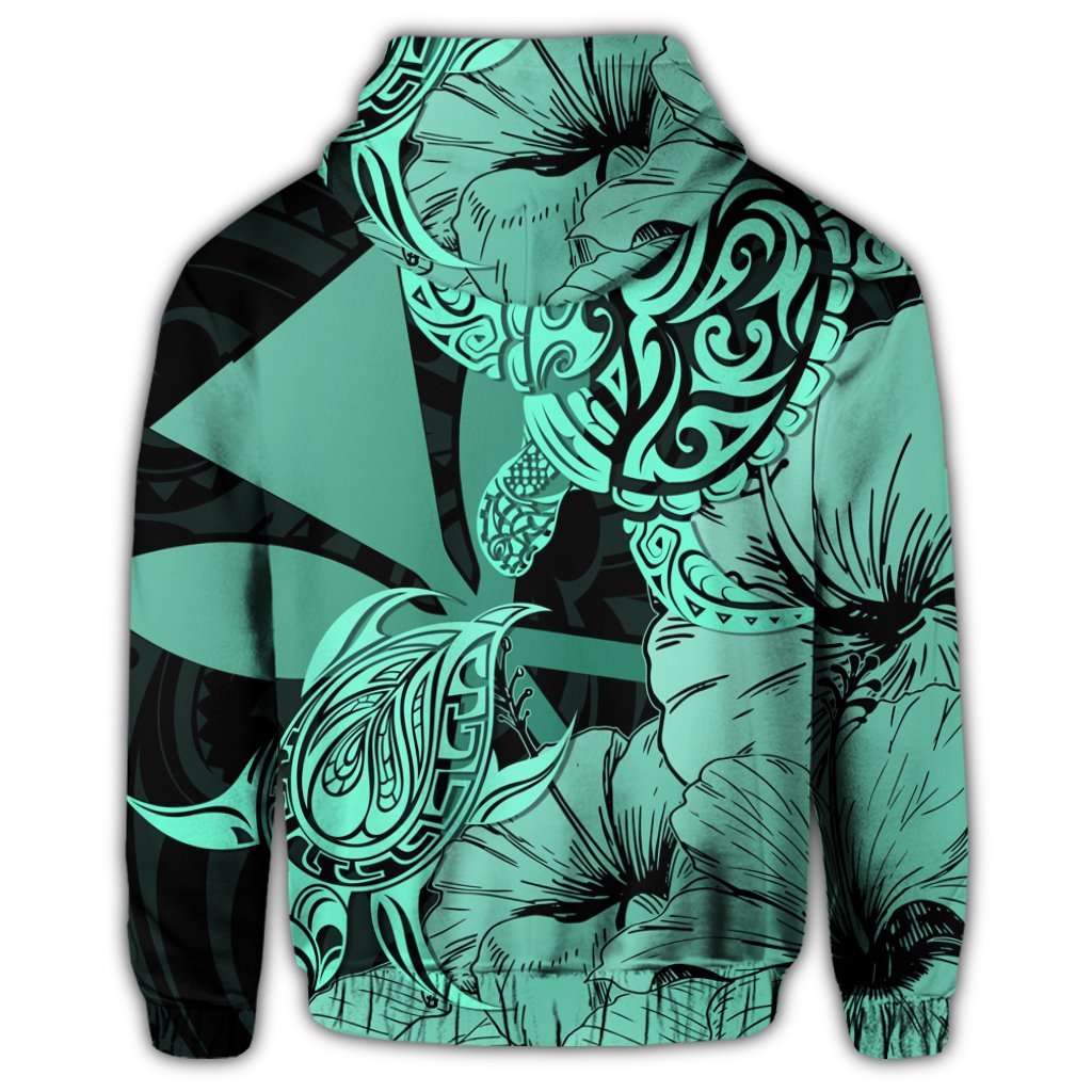 Hawaii Turtle Zip Hoodie Polynesian Hibiscus Art Ver 2.0 Turquoise - Polynesian Pride