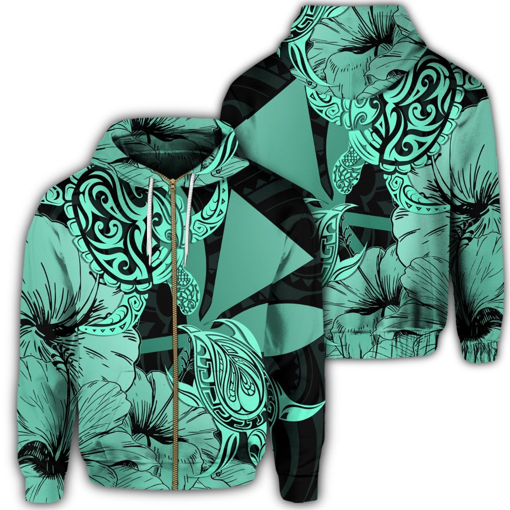 Hawaii Turtle Zip Hoodie Polynesian Hibiscus Art Ver 2.0 Turquoise Unisex Art - Polynesian Pride