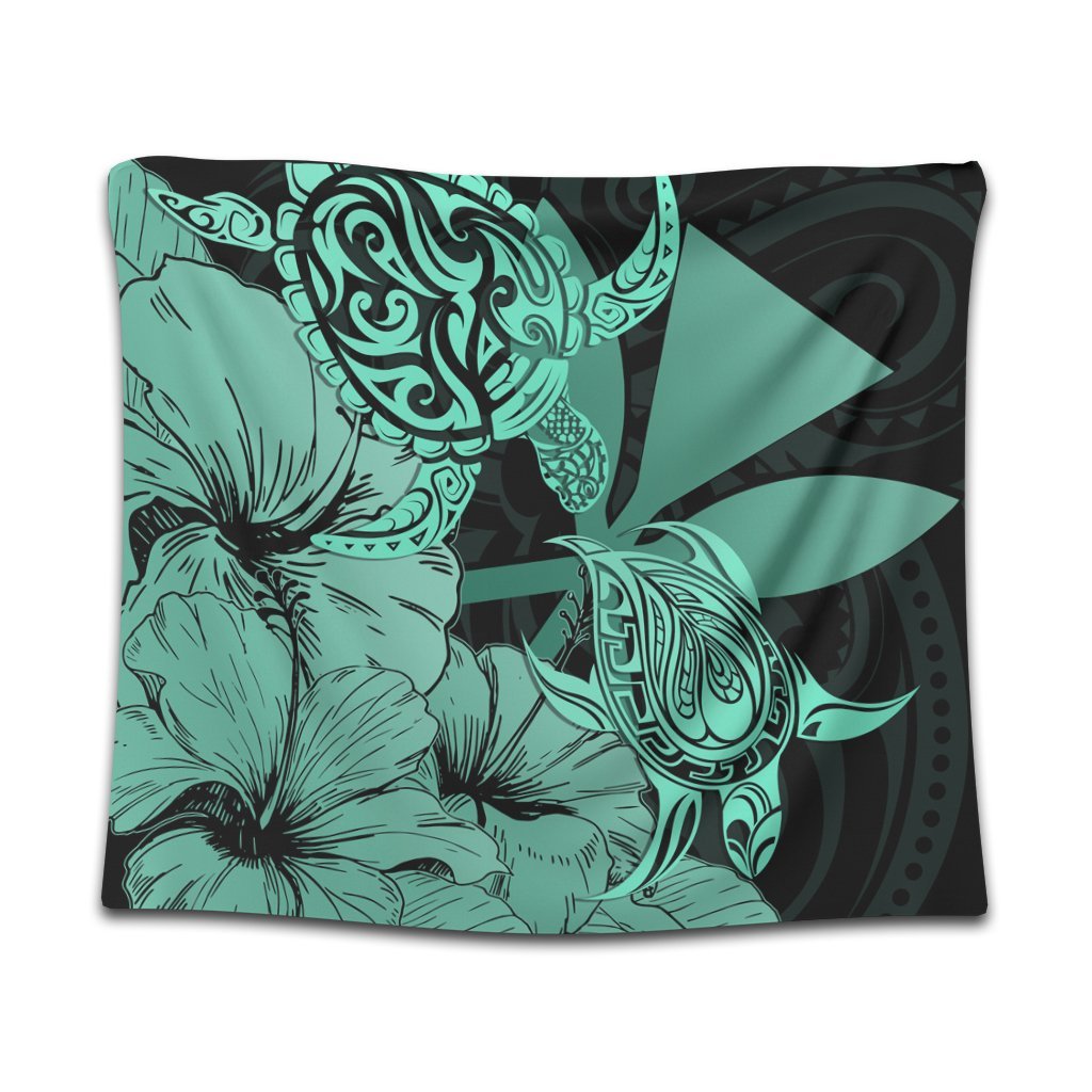 Hawaii Turtle Tapestry Polynesian Hibiscus Art Ver 2.0 Turquoise - AH Wall Tapestry Black - Polynesian Pride