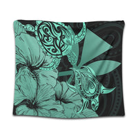 Hawaii Turtle Tapestry Polynesian Hibiscus Art Ver 2.0 Turquoise - AH Wall Tapestry Black - Polynesian Pride
