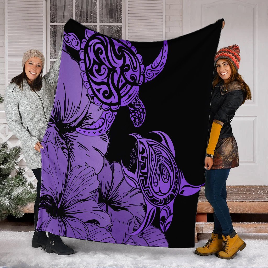Hawaii Turtle Premium Blankets Polynesian Hibiscus Art Violet - AH - Polynesian Pride