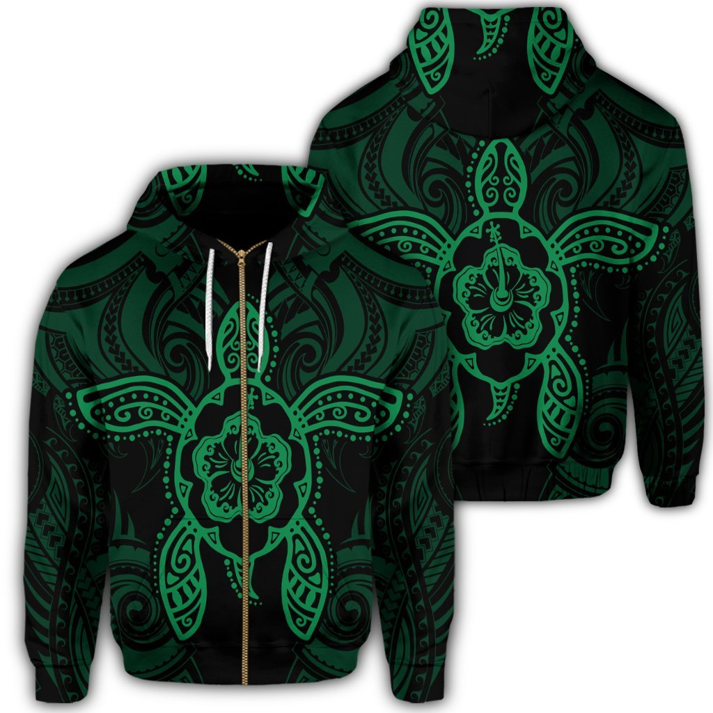 Hawaii Turtle Fixed Green Zip Hoodie Unisex Art - Polynesian Pride