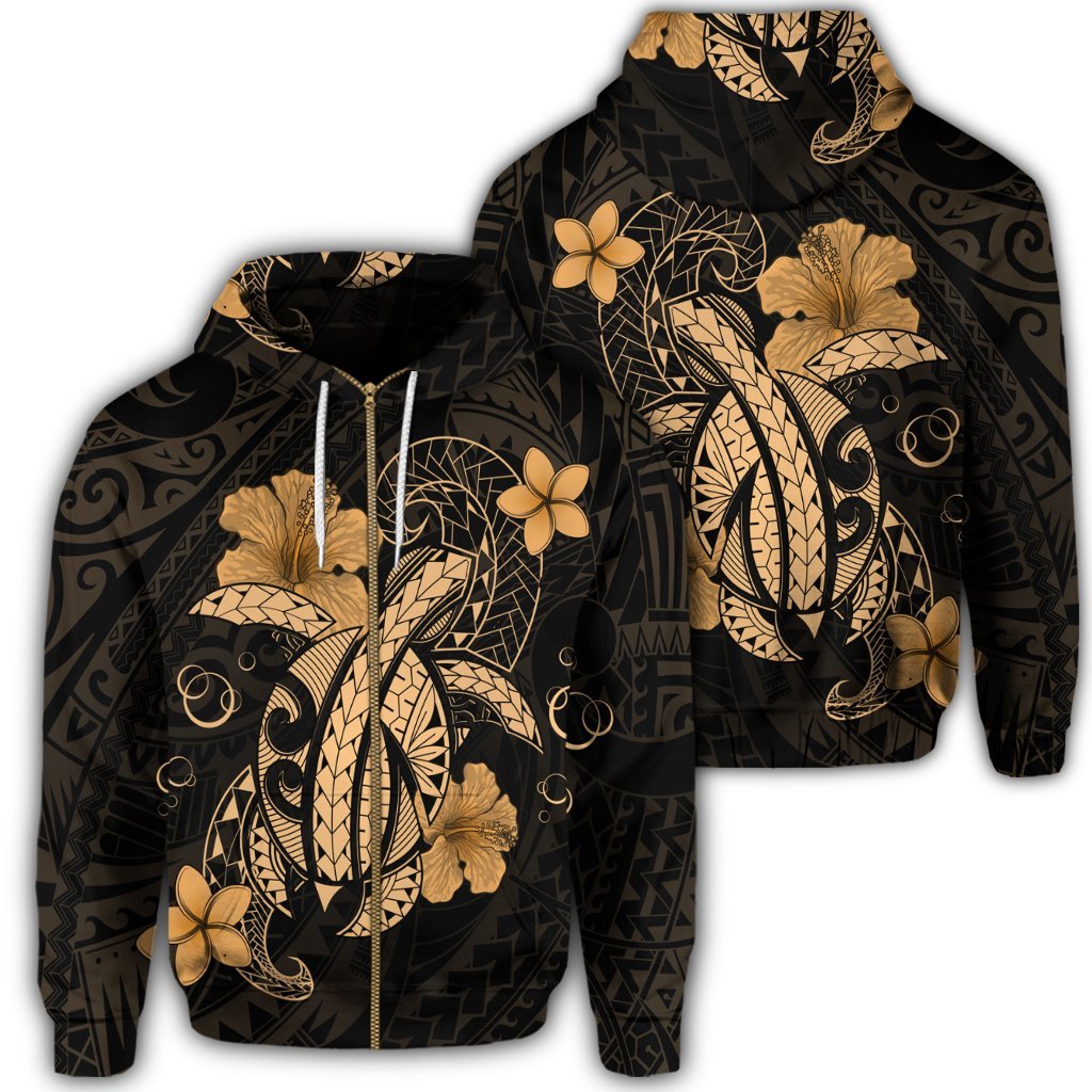 Hawaii Turtle Flower Polynesian Zip Hoodie Gold Unisex Art - Polynesian Pride