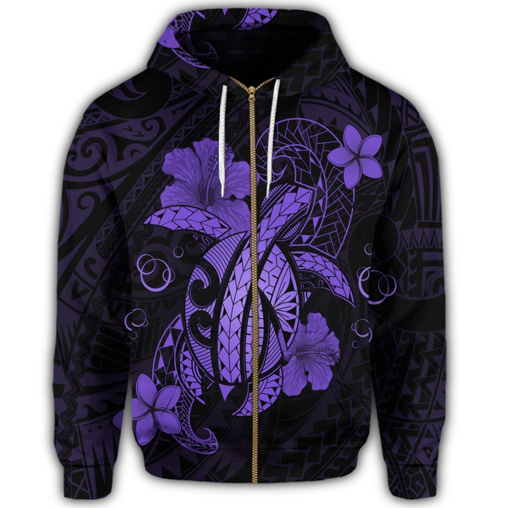 Hawaii Turtle Flower Polynesian Zip Hoodie Purple - Polynesian Pride