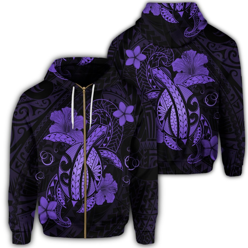 Hawaii Turtle Flower Polynesian Zip Hoodie Purple Unisex Art - Polynesian Pride