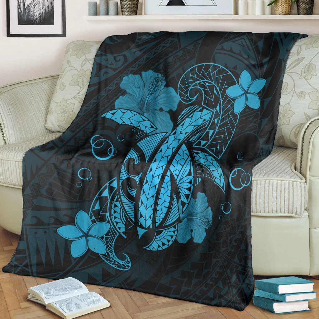 Hawaii Turtle Flower Polynesian Premium Blankets - Turquoise - AH - Polynesian Pride
