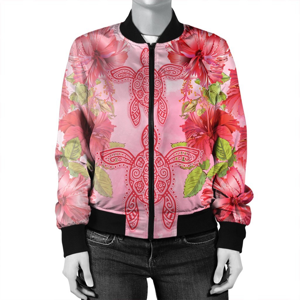 Hawaii Turtle Hibiscus Bomber Jacket - Pink Style - AH - Polynesian Pride