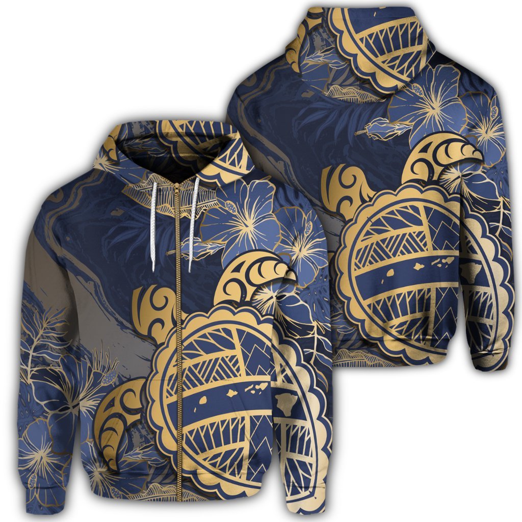 Hawaii Turtle Hibiscus Gold Zip Hoodie Kyn Style Unisex Art - Polynesian Pride