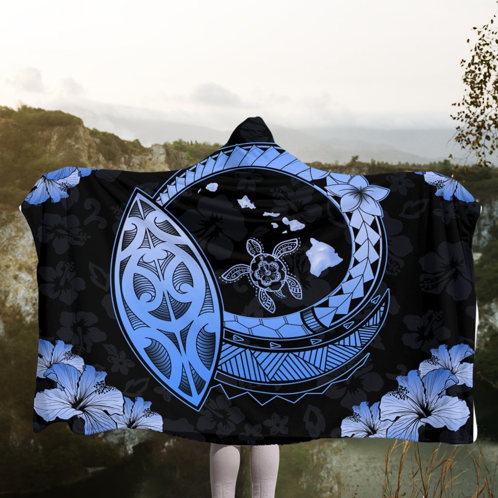 Hawaii Turtle Hibiscus Map Polynesian Hooded Blanket Blue - AH - Polynesian Pride