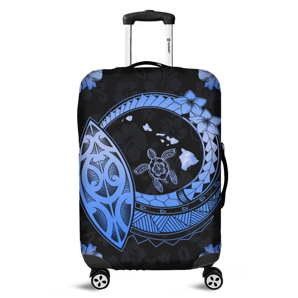 Hawaii Turtle Hibiscus Map Polynesian Luggage Covers Blue - AH Black - Polynesian Pride