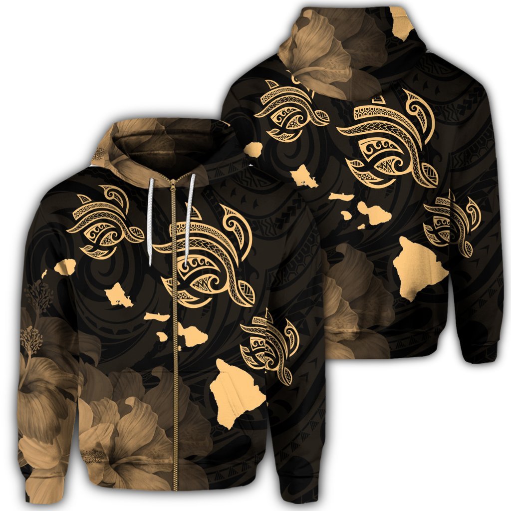 Hawaii Turtle Hibiscus Map Polynesian Zip Hoodie Gold Polyester - Polynesian Pride