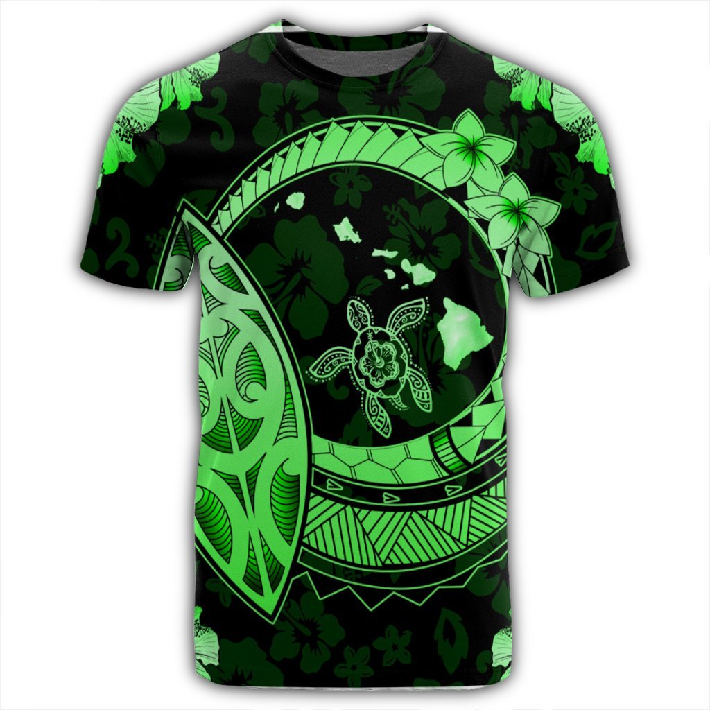 Hawaii Turtle Hibiscus Map Polynesian T Shirt Green - Polynesian Pride