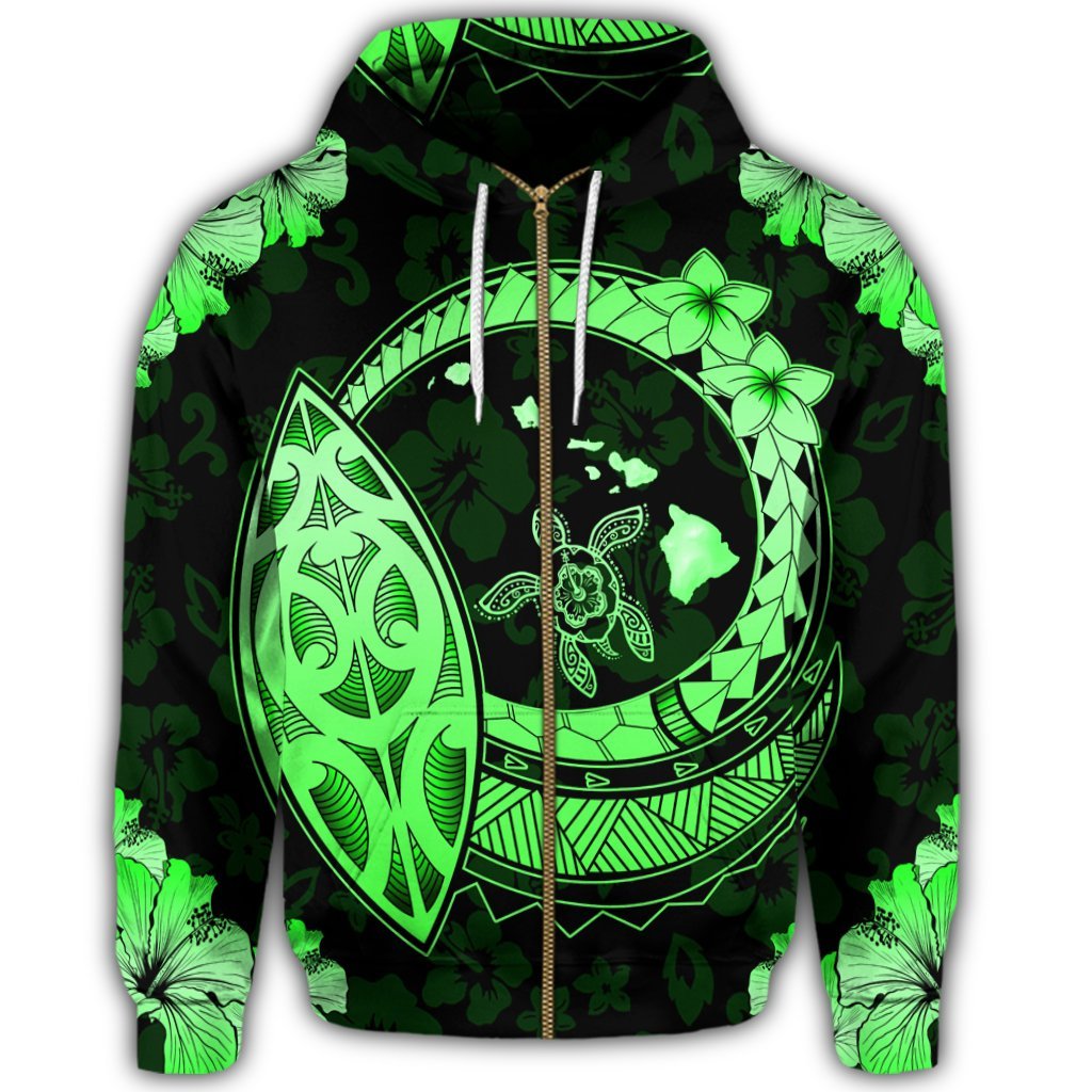Hawaii Turtle Hibiscus Map Polynesian Zip Hoodie Green - Polynesian Pride